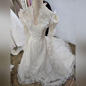 Vintage Ivory Wedding Dress With Lace and Ruffles, Long Train